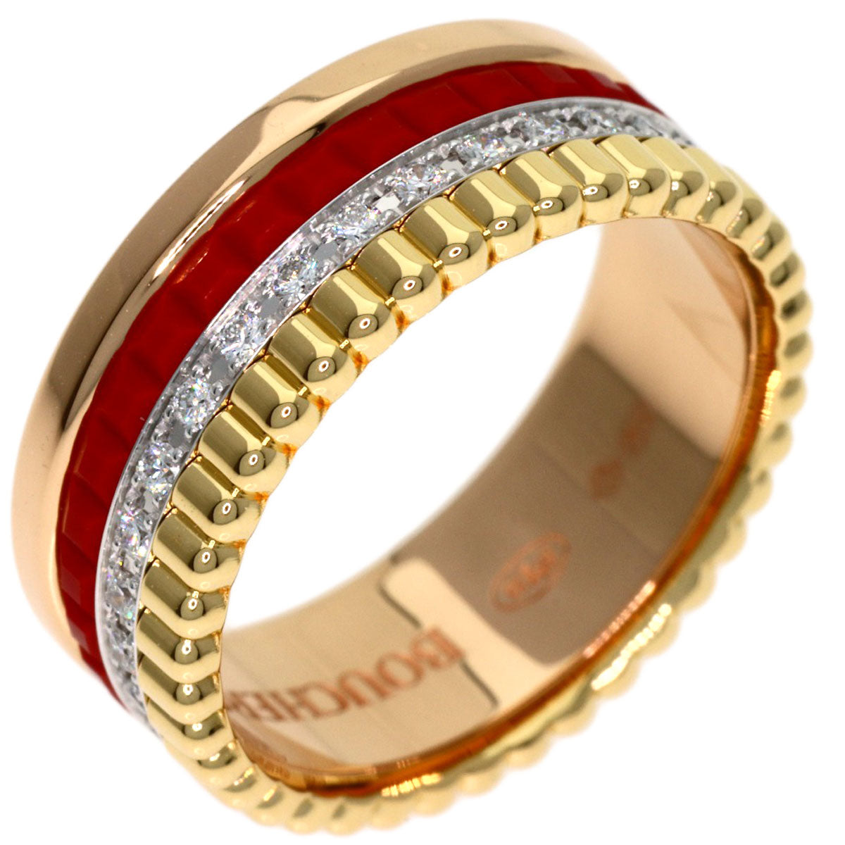 Boucheron Quatre Small Red Ceramic Diamond #47 Ring K18 Pink Gold Ladies [Used]
