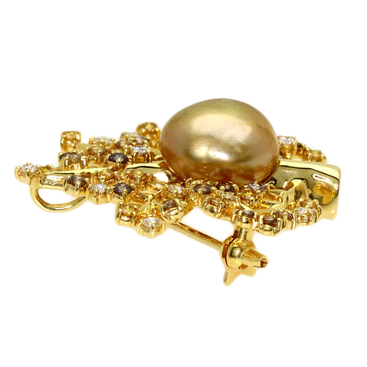 MIKIMOTO Golden Pearl Pearl Diamond Brooch K18 Yellow Gold Ladies [Used]