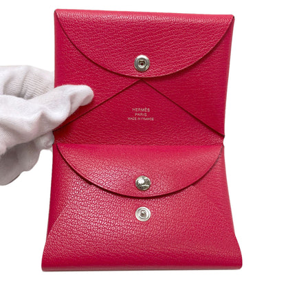 HERMES Calvi Duo Rose Extreme SilverHardware Card Case Chevre Shamquila Ladies [Used]