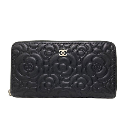 CHANEL Camellia COCO Mark SilverHardware Long wallet (with coin pocket) Calf Ladies [Used]