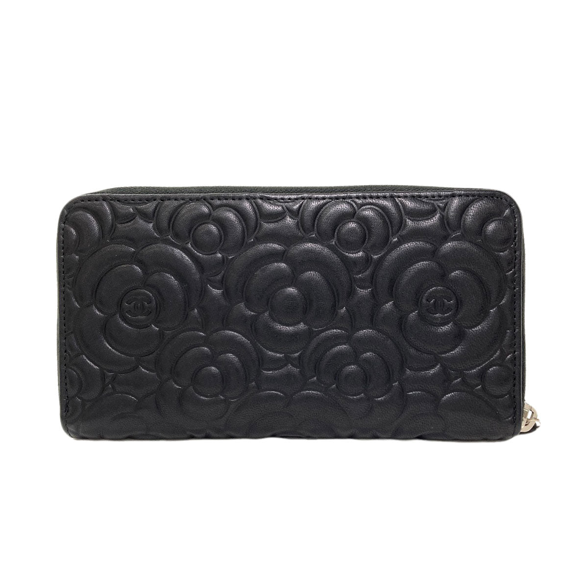 CHANEL Camellia COCO Mark SilverHardware Long wallet (with coin pocket) Calf Ladies [Used]