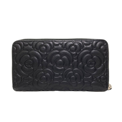 CHANEL Camellia COCO Mark SilverHardware Long wallet (with coin pocket) Calf Ladies [Used]