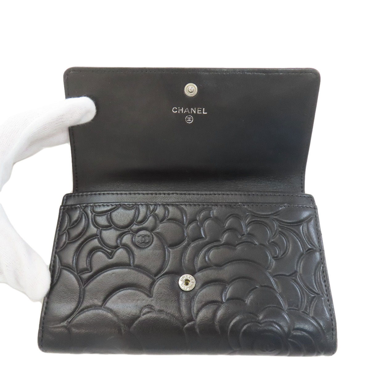 CHANEL Camellia Silver Hardware Long wallet (with coin pocket) Calf Ladies [Used]