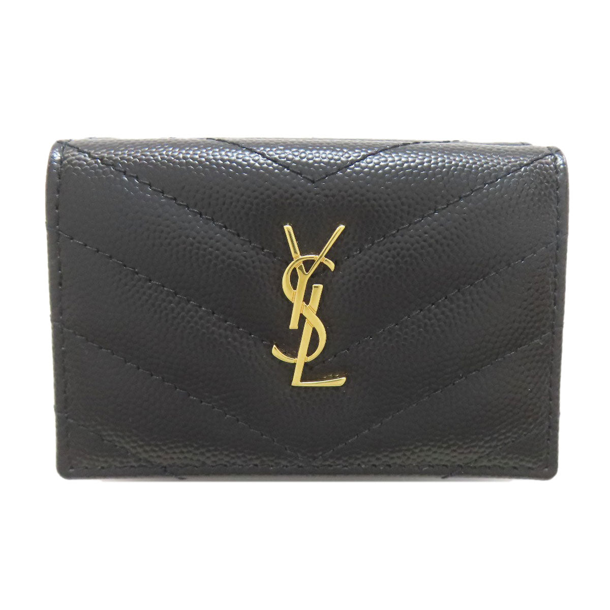 YVES SAINT LAURENT V stitch Cassandra Tri-fold wallet (with Coin Pocket) Calf Ladies [Used]
