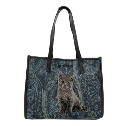 ETRO Paisley pattern cat embroidery Tote Bag Canvas LeatherLadies [Used]