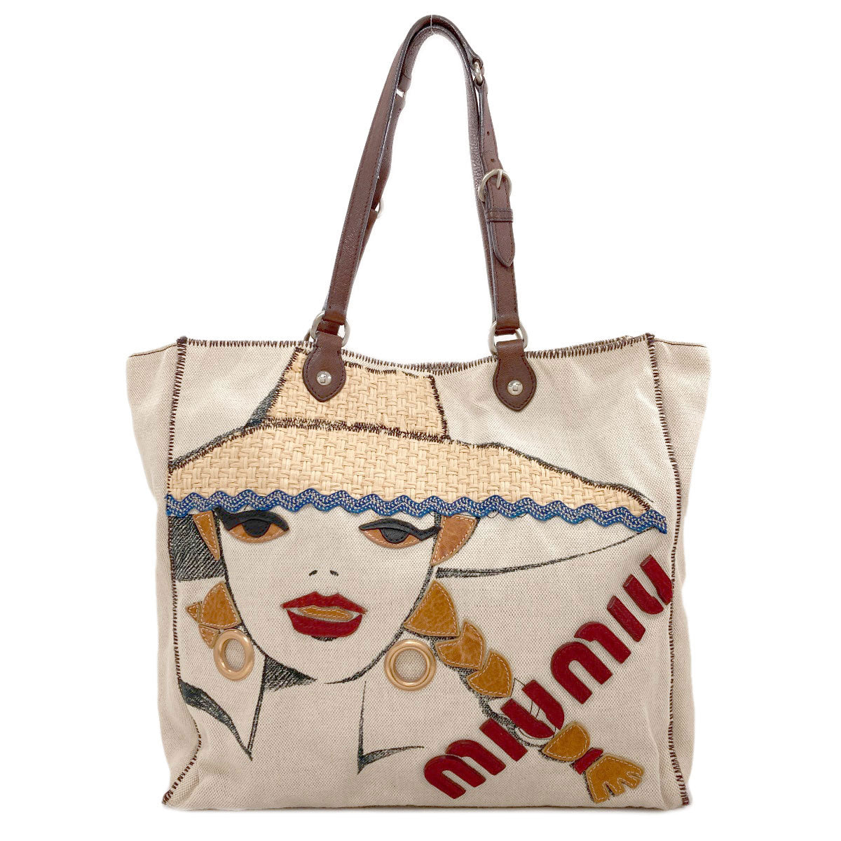MIUMIU Person motif Tote Bag Canvas Ladies [Used]