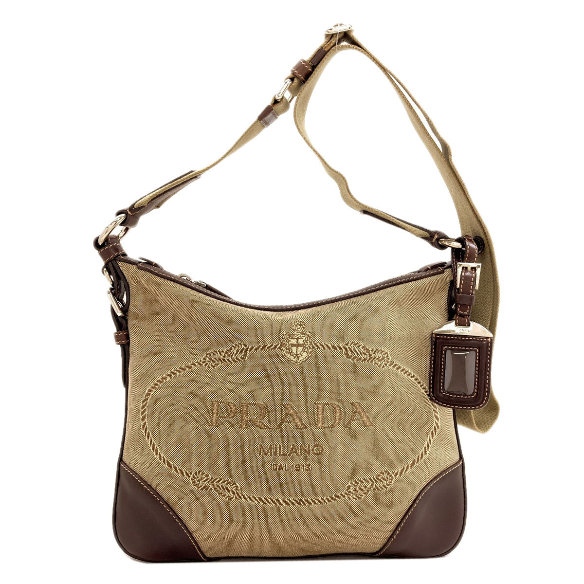 PRADA BT0534 Long Shoulder Logo Jacquard Shoulder Bag Canvas LeatherLadies [Used]