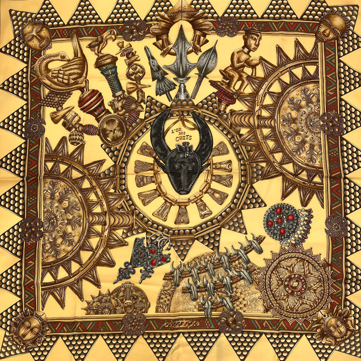 HERMES Carre90 The Chiefs' Gold Scarf Silk Ladies [Used]