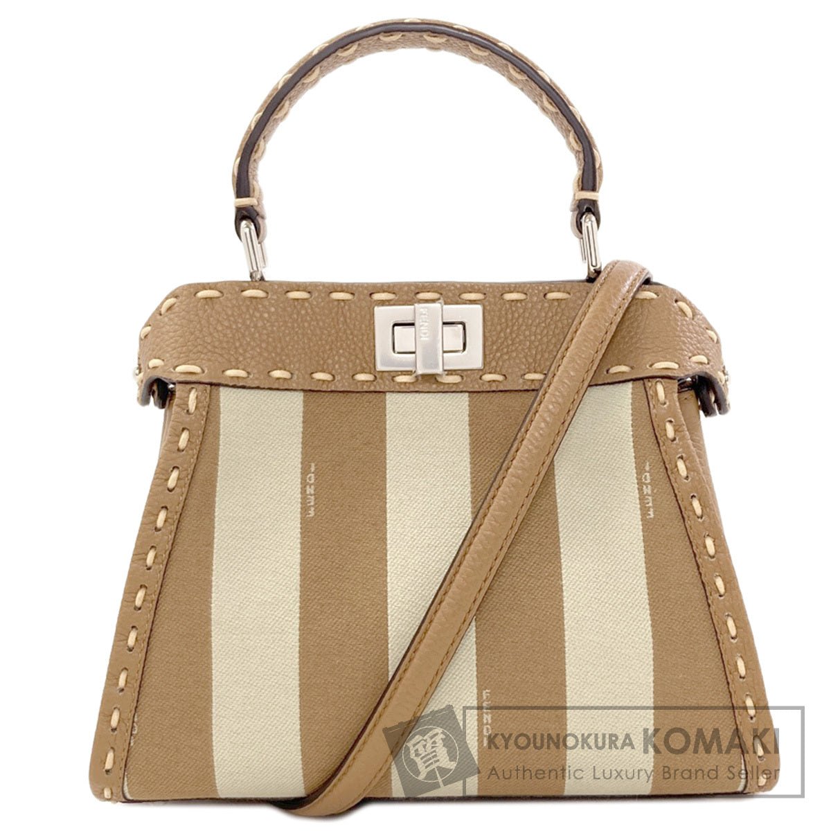 FENDI Peekaboo Mini Selleria Pecan Stripe Stripe 2WAY Handbag Canvas Ladies [Used]