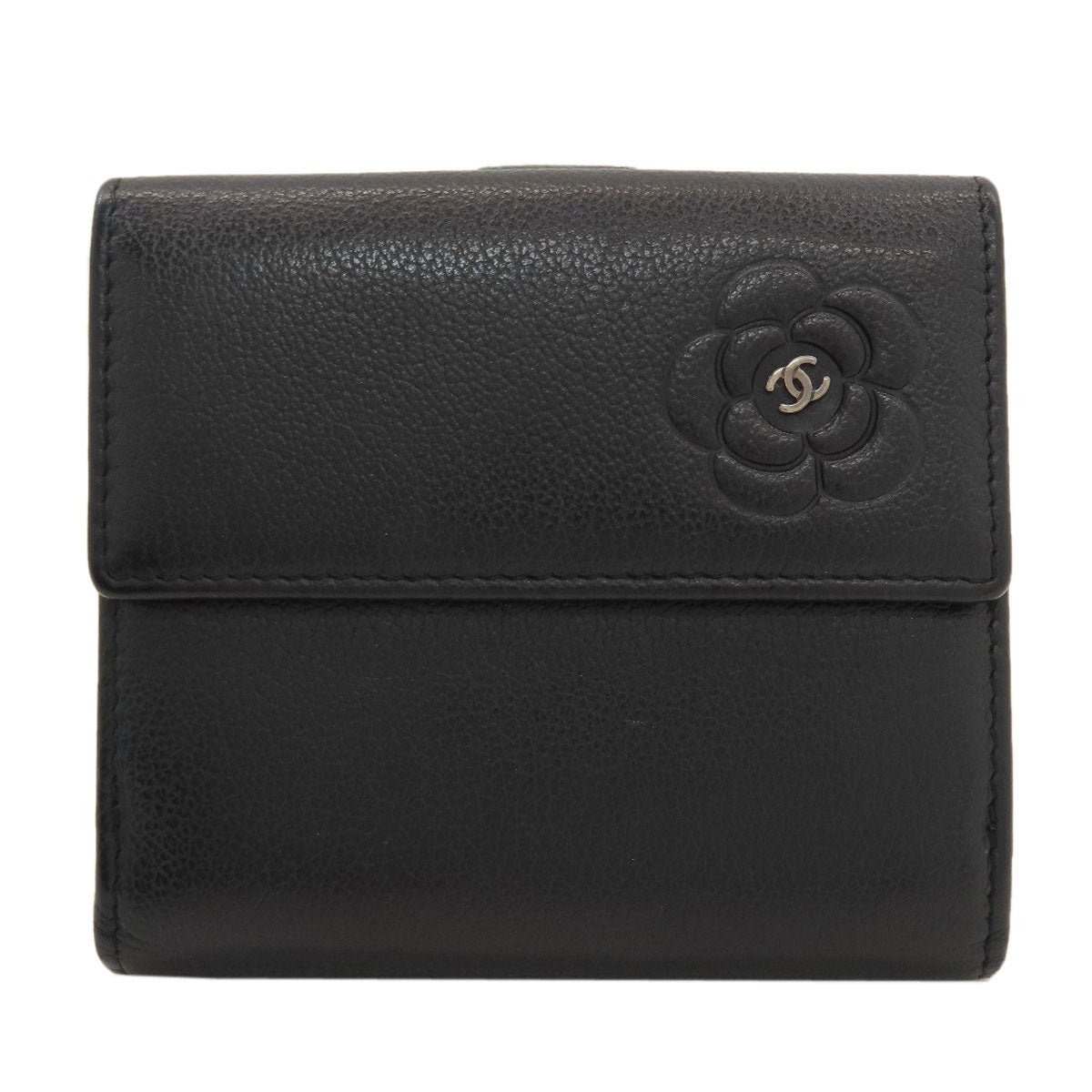CHANEL Camellia Silver Hardware Bifold Wallet with Coin Pocket Calf Ladies [Used]
