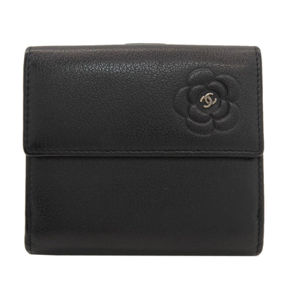 CHANEL Camellia Silver Hardware Bifold Wallet with Coin Pocket Calf Ladies [Used]