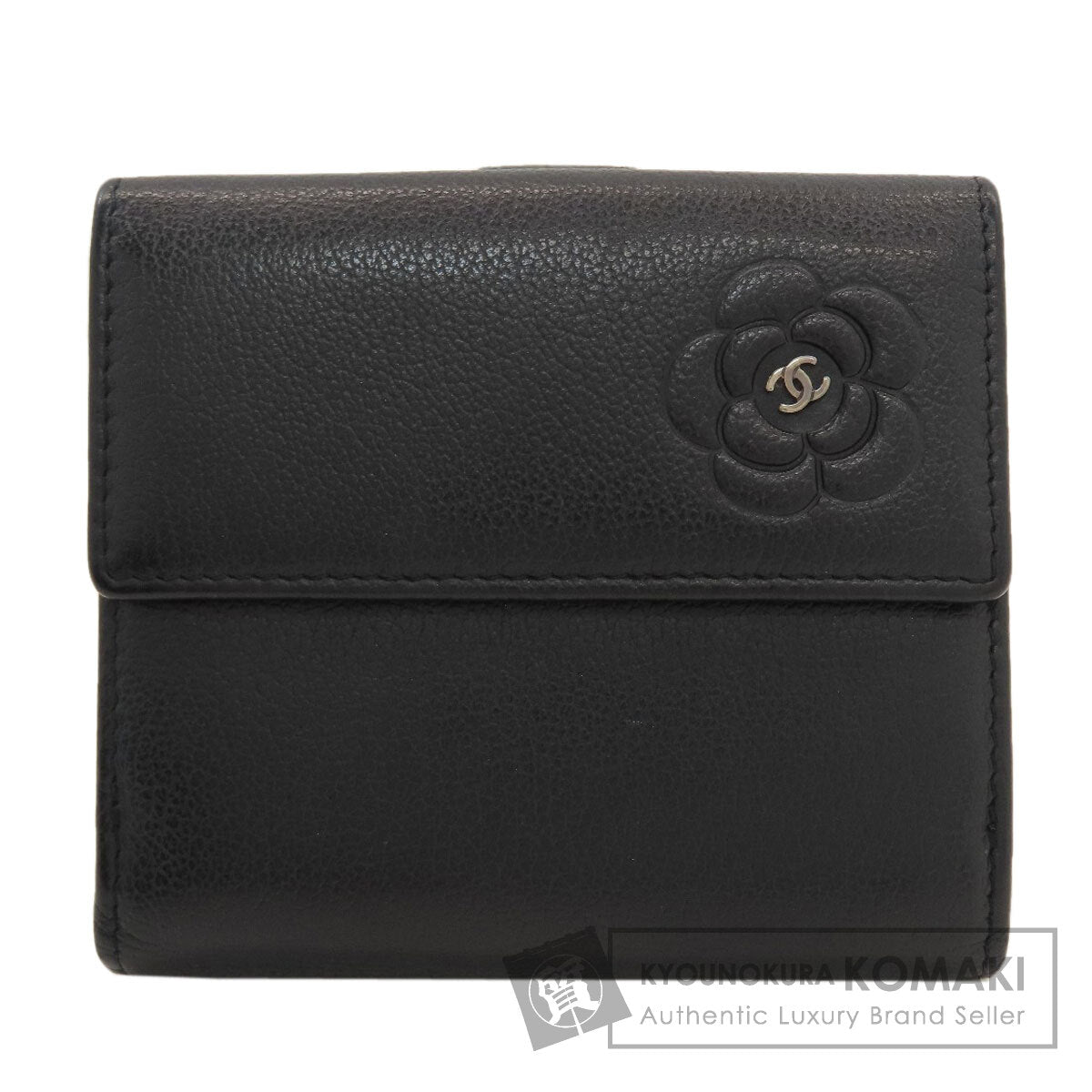CHANEL Camellia Silver Hardware Bifold Wallet with Coin Pocket Calf Ladies [Used]