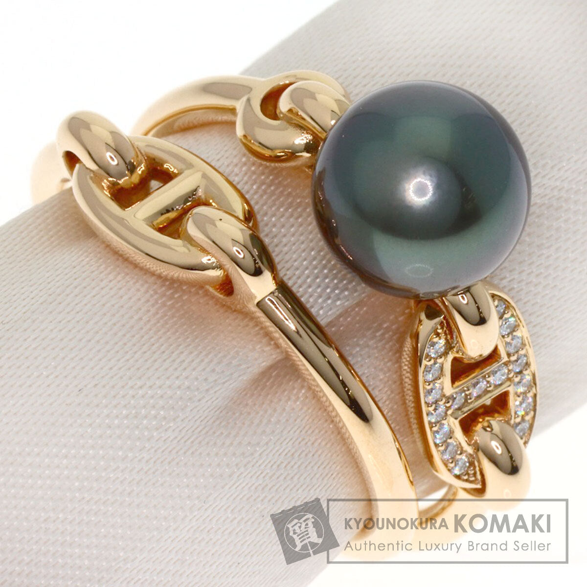 HERMES Albertine Black Pearl Pearl Diamond #52 Ring K18 Pink Gold Ladies [Used]