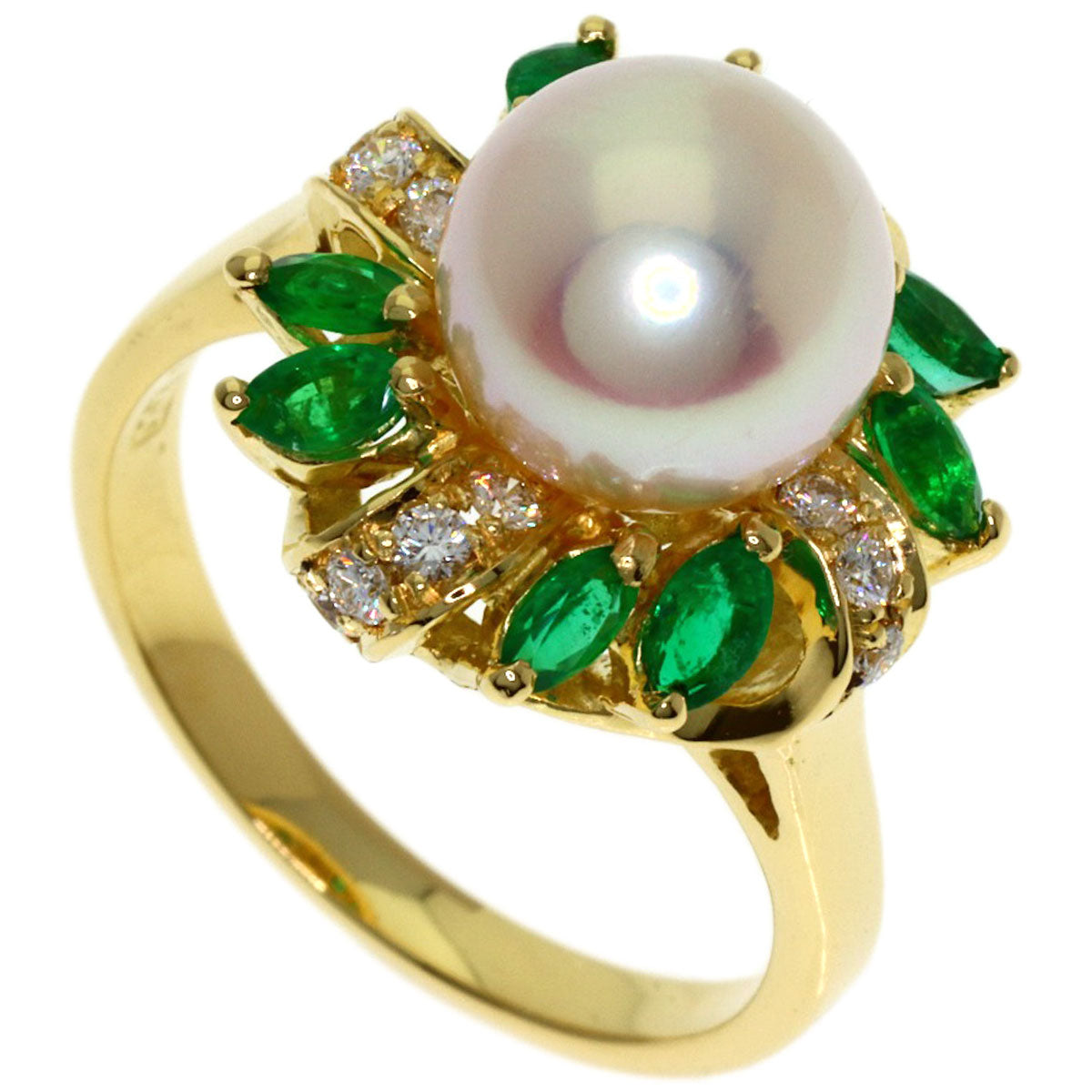 Aquascutum Pearl Pearl Emerald Diamond Ring K18 Yellow Gold Ladies [Used]