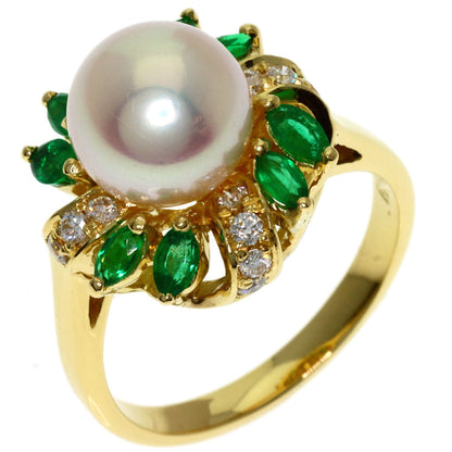Aquascutum Pearl Pearl Emerald Diamond Ring K18 Yellow Gold Ladies [Used]