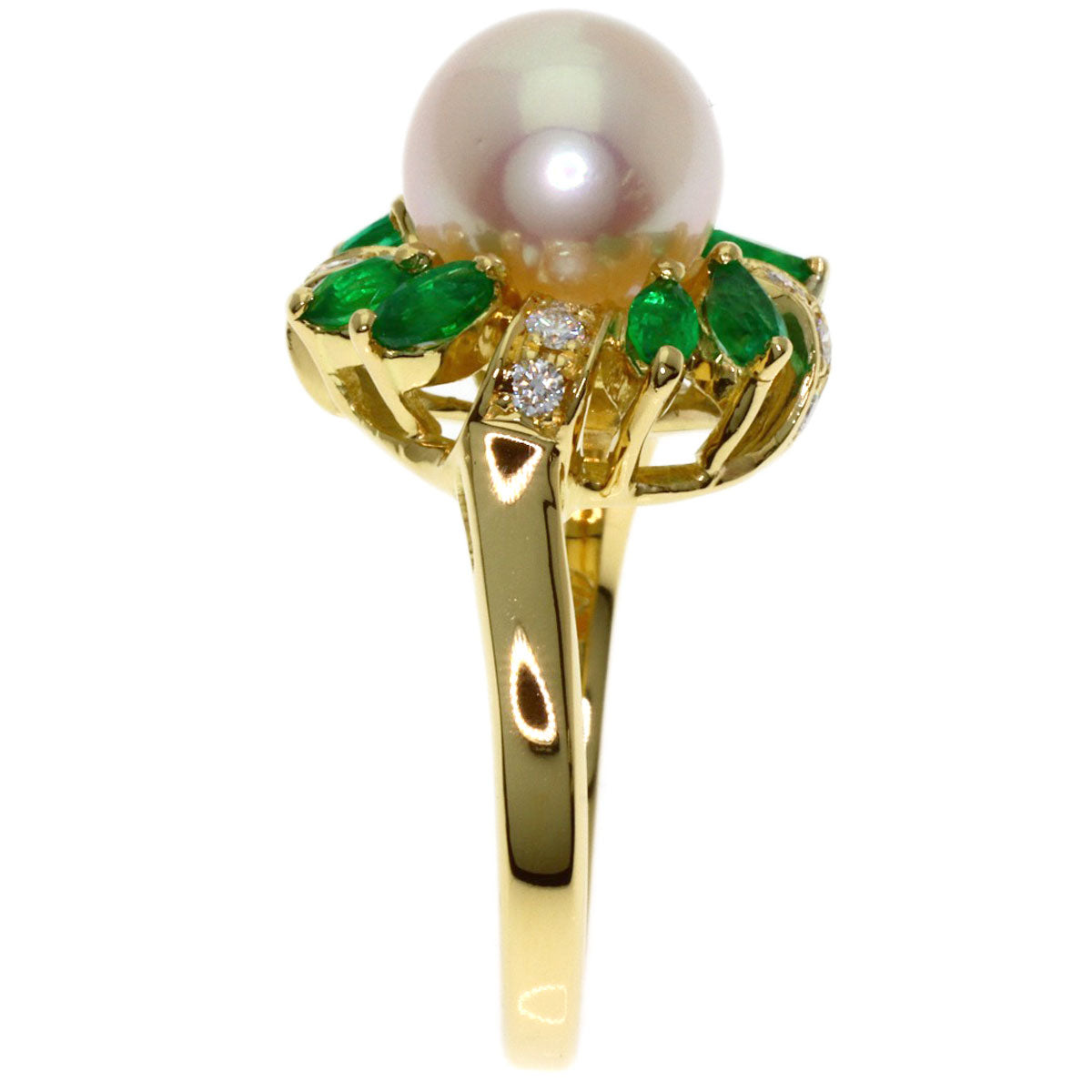 Aquascutum Pearl Pearl Emerald Diamond Ring K18 Yellow Gold Ladies [Used]
