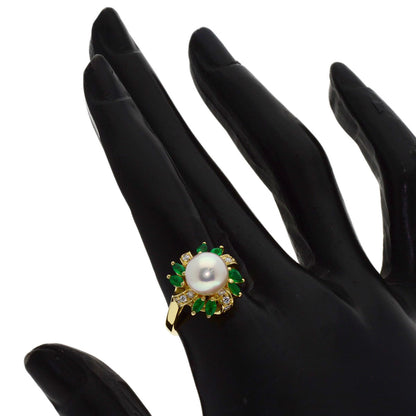 Aquascutum Pearl Pearl Emerald Diamond Ring K18 Yellow Gold Ladies [Used]