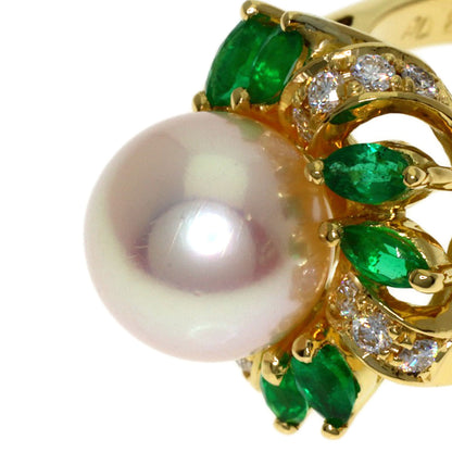 Aquascutum Pearl Pearl Emerald Diamond Ring K18 Yellow Gold Ladies [Used]