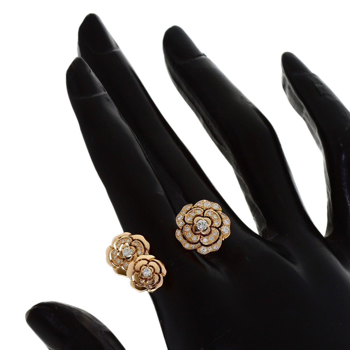CHANEL Camellia W-Open Diamond 2WAY Ring K18 Pink Gold Ladies [Used]