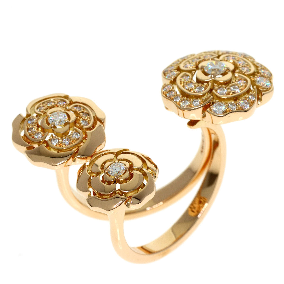 CHANEL Camellia W-Open Diamond 2WAY Ring K18 Pink Gold Ladies [Used]
