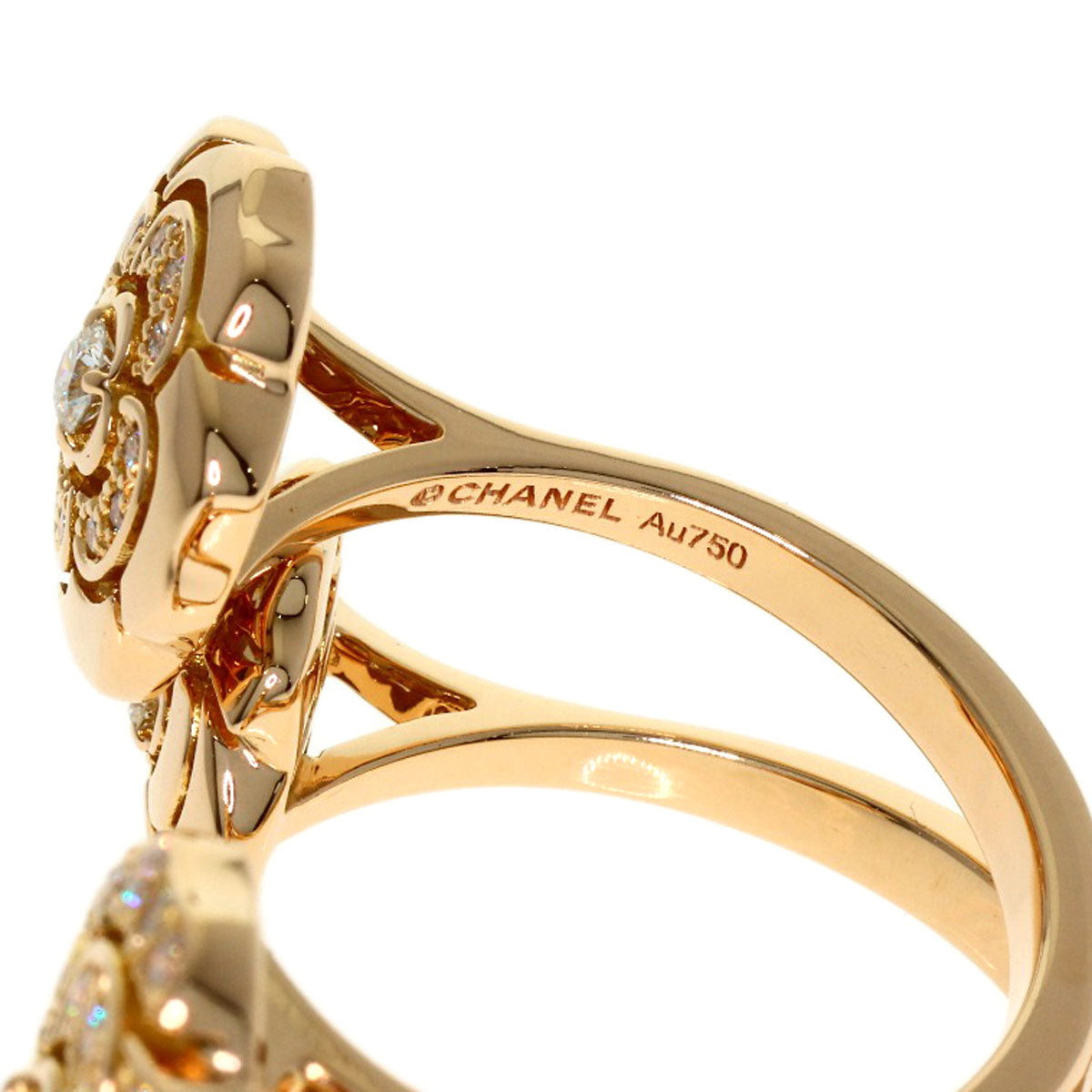 CHANEL Camellia W-Open Diamond 2WAY Ring K18 Pink Gold Ladies [Used]