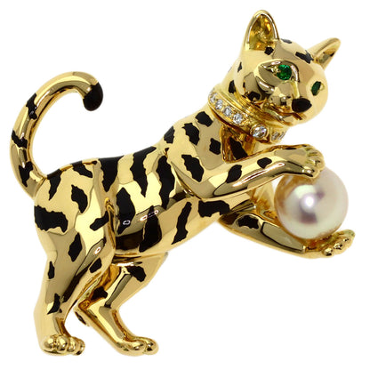 CARTIER Cat Pearl Pearl Diamond Brooch K18 Yellow Gold Ladies [Used]