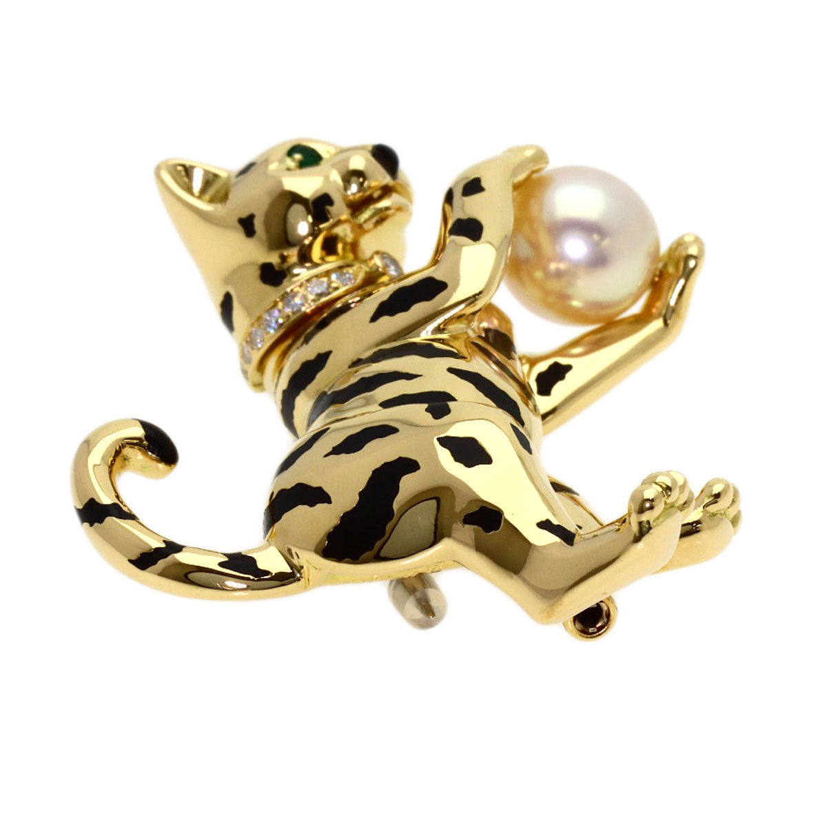 CARTIER Cat Pearl Pearl Diamond Brooch K18 Yellow Gold Ladies [Used]